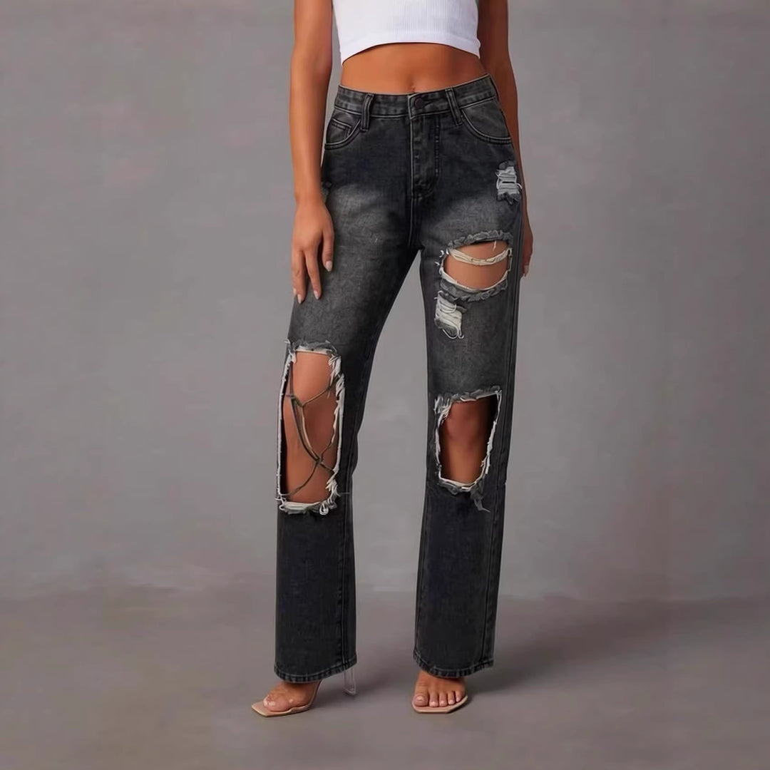 Dame distressed Mom Jeans med trendy Cut-Out-detaljer Skjora