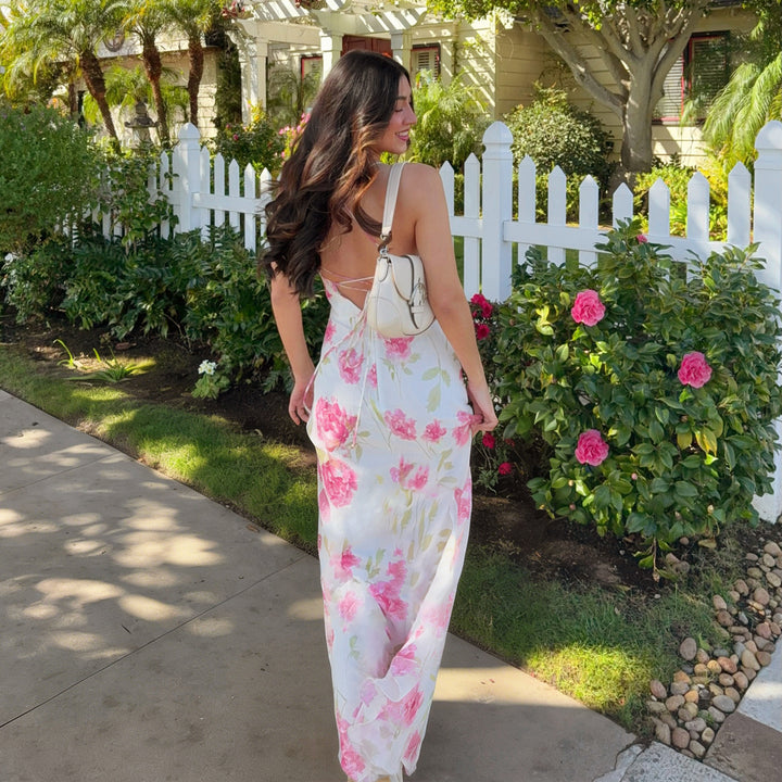 Elegant women's maxi dress with delicate floral design and spaghetti straps Skjora