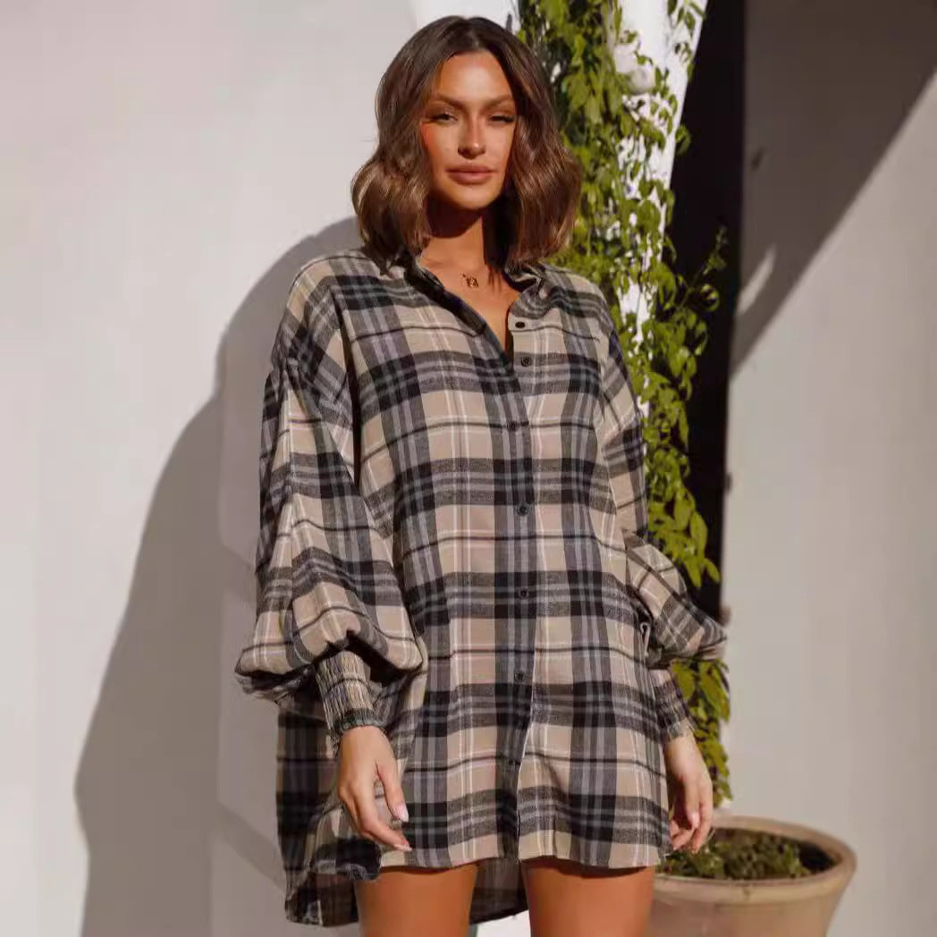 Kvinne Rutet Oversized Skjorte med Casual Snitt Skjora