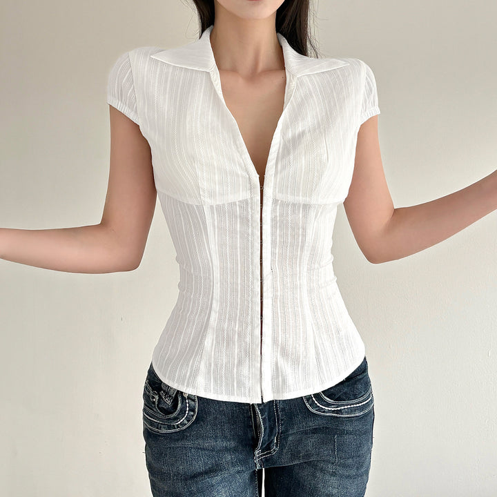 Dame Elegant kortermet bluse skjorte med stilig ståkrage og glidelås Skjorta