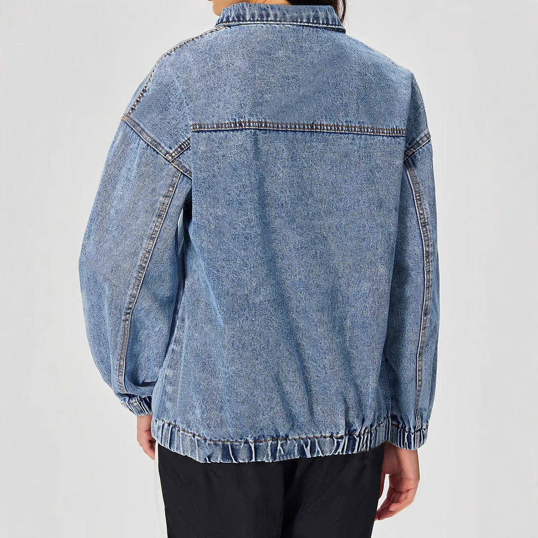 Kvinne løs denim genser med ståkrage og glidelås Skjora