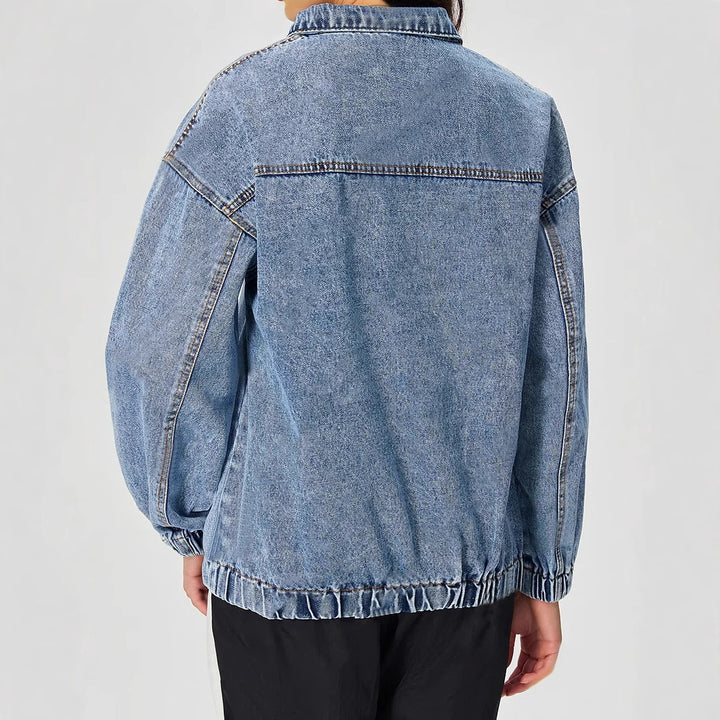 Kvinne løs denim genser med ståkrage og glidelås Skjora