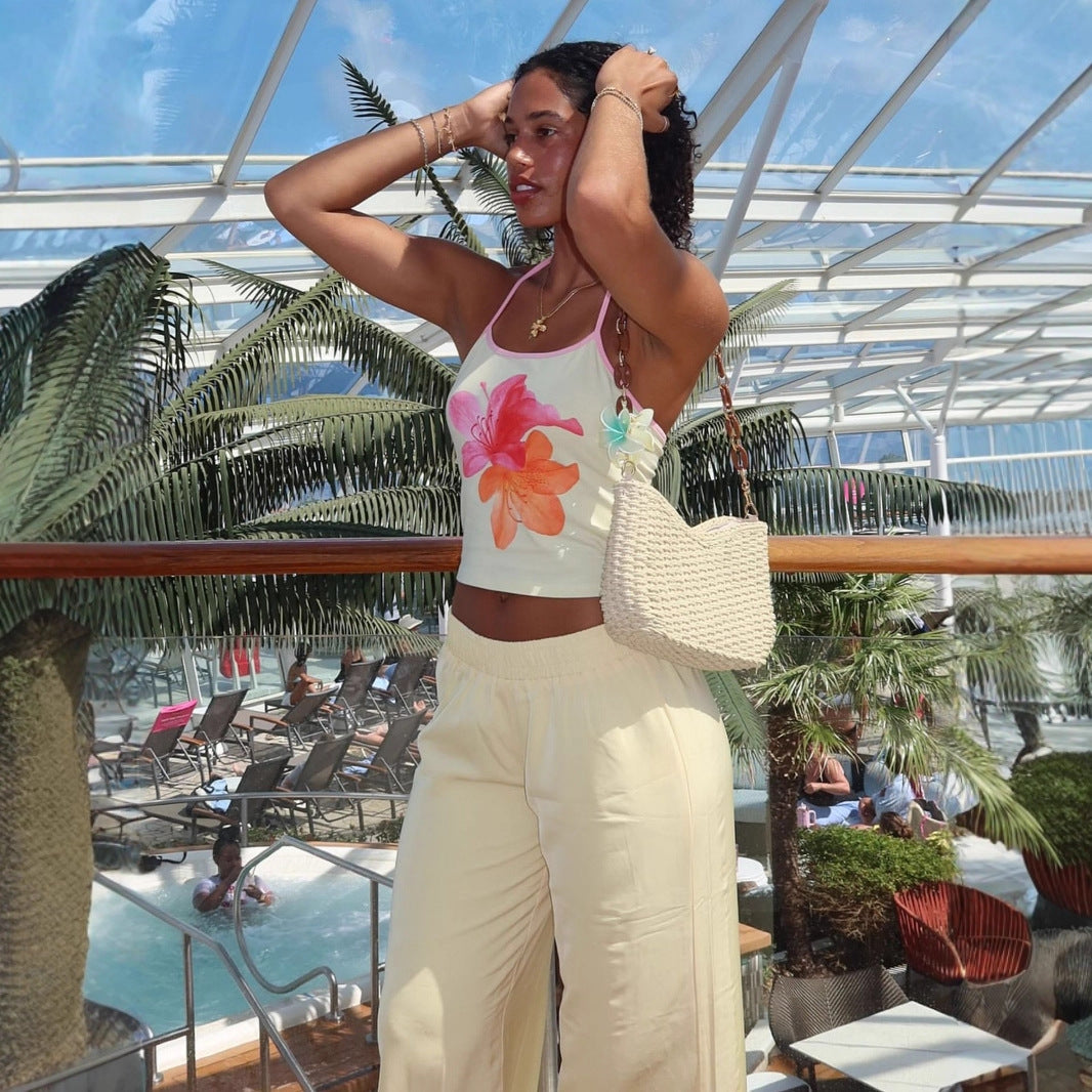 Dame Crop-Top med blomsterprint og halterneck Skjora