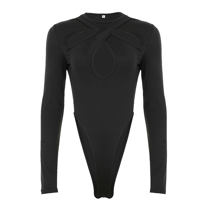 Dame Langermet Bodysuit med raffinert kryss-design og høy midje Skjora