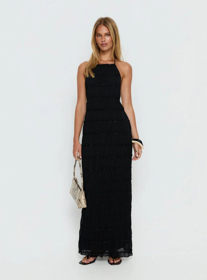 Dame maxikjole med off-shoulder design og flytende volanger Skjora