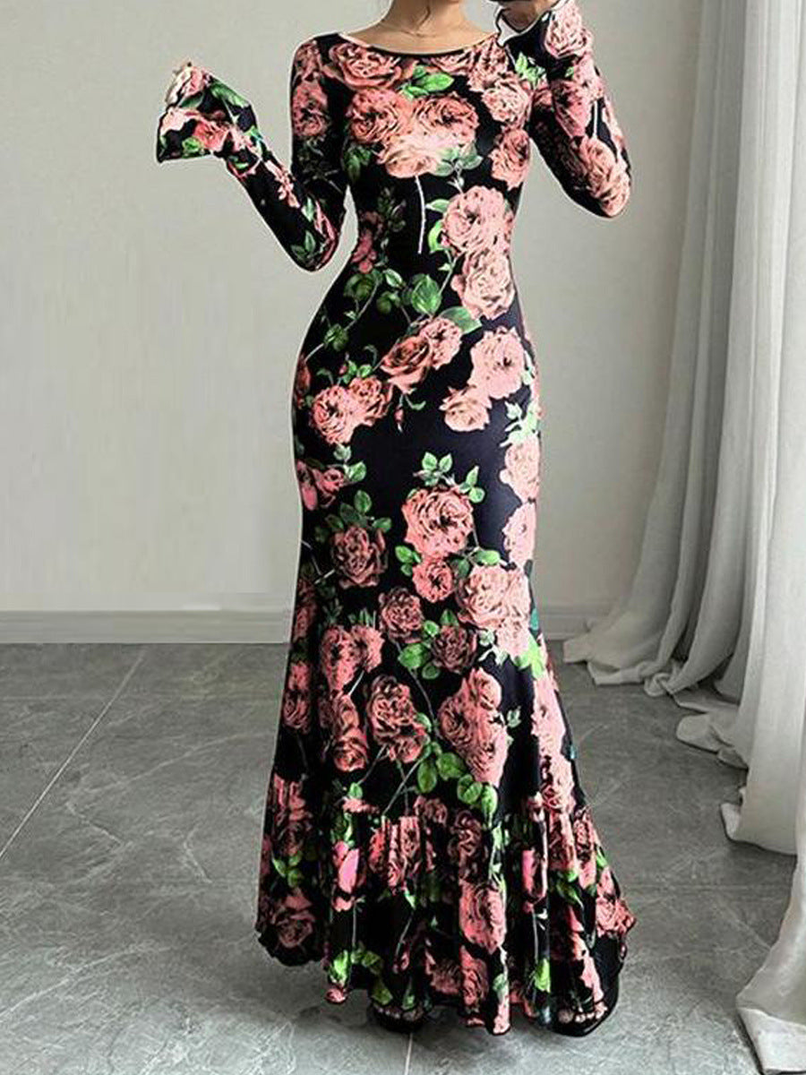 Kvinnene Elegant Maxi Kjole med Blomster Rysjedetaljer og Lange Ermer Skjora