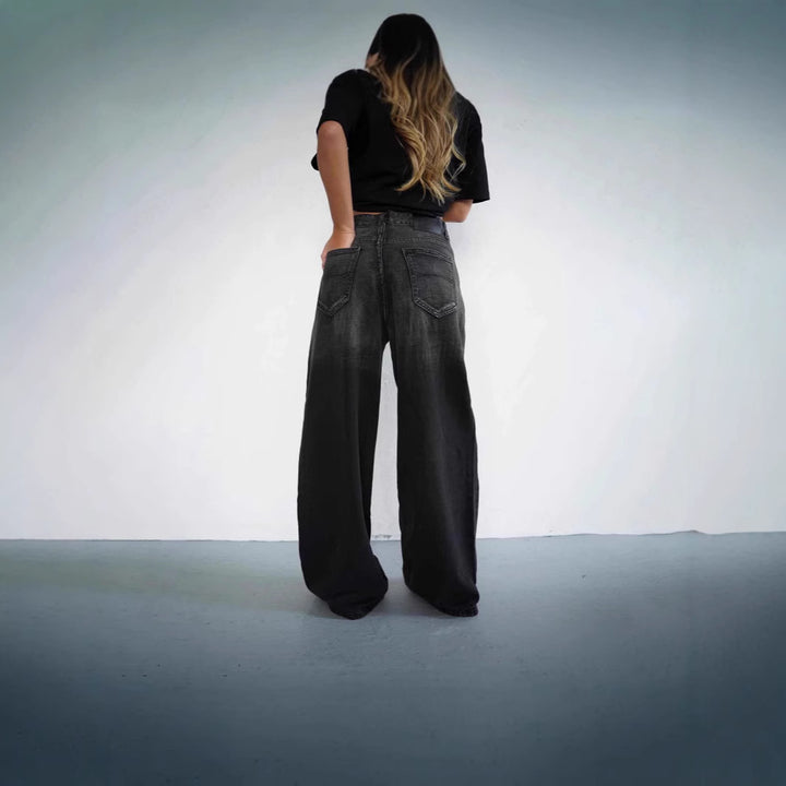Dame løse høye midjejeans med trendy fargeforløp og vide ben Skjora