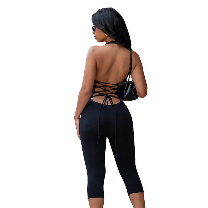 Damer figurnær Jersey jumpsuit med dyp V-hals og 3/4-ermer Skjora