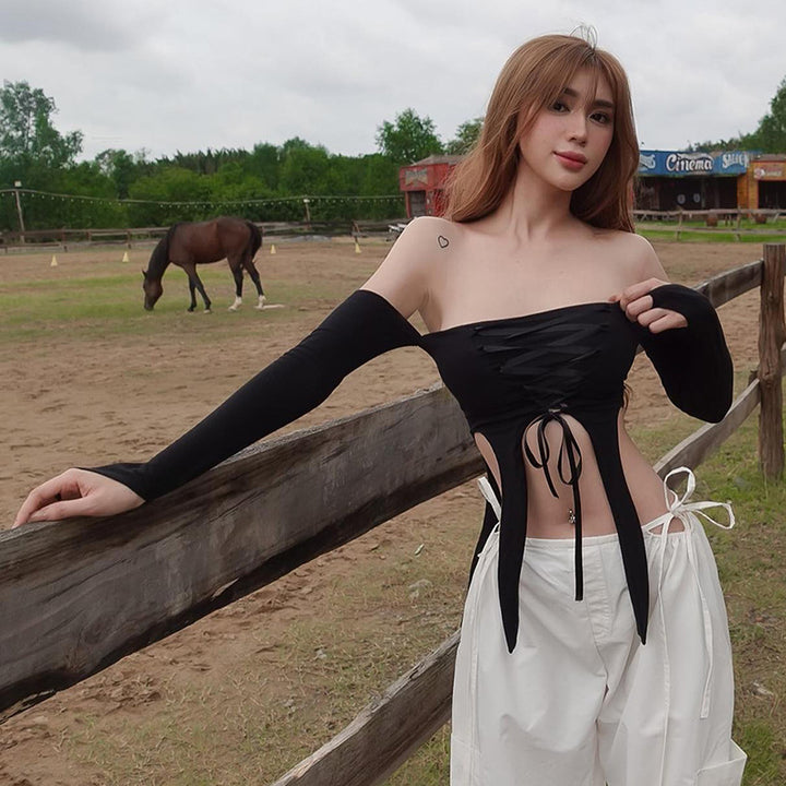 Dame elastisk Off-Shoulder topp med komplisert snøring Skjora