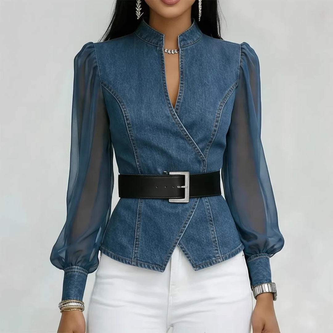 Kvinne jeans bluse med transparente ermer og skreddersydd design Skjora