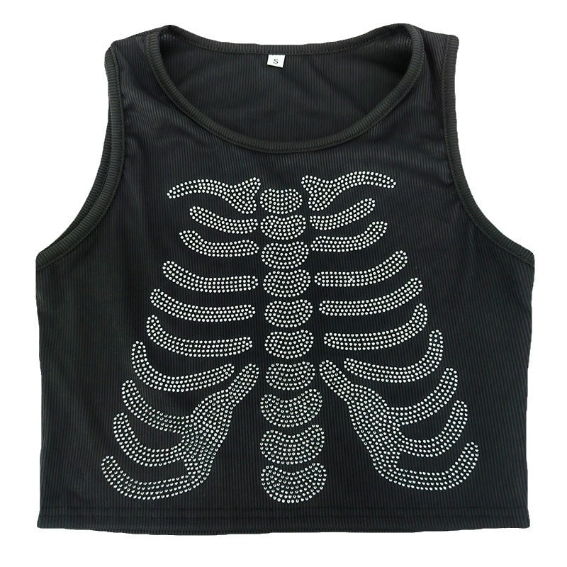 Dame tanktop med kreativt skjelettdesign og glitrende steiner Skjora