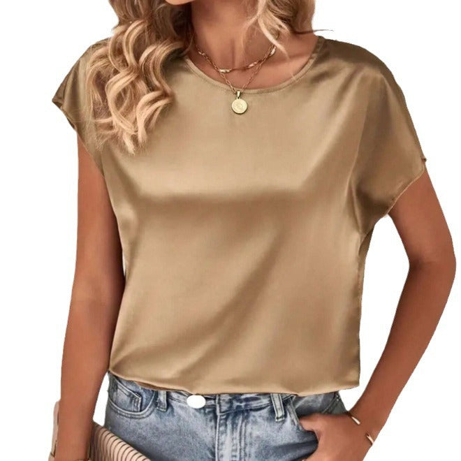 Damer Elegant Satin topp med avslappet snitt og korte ermer Skjora