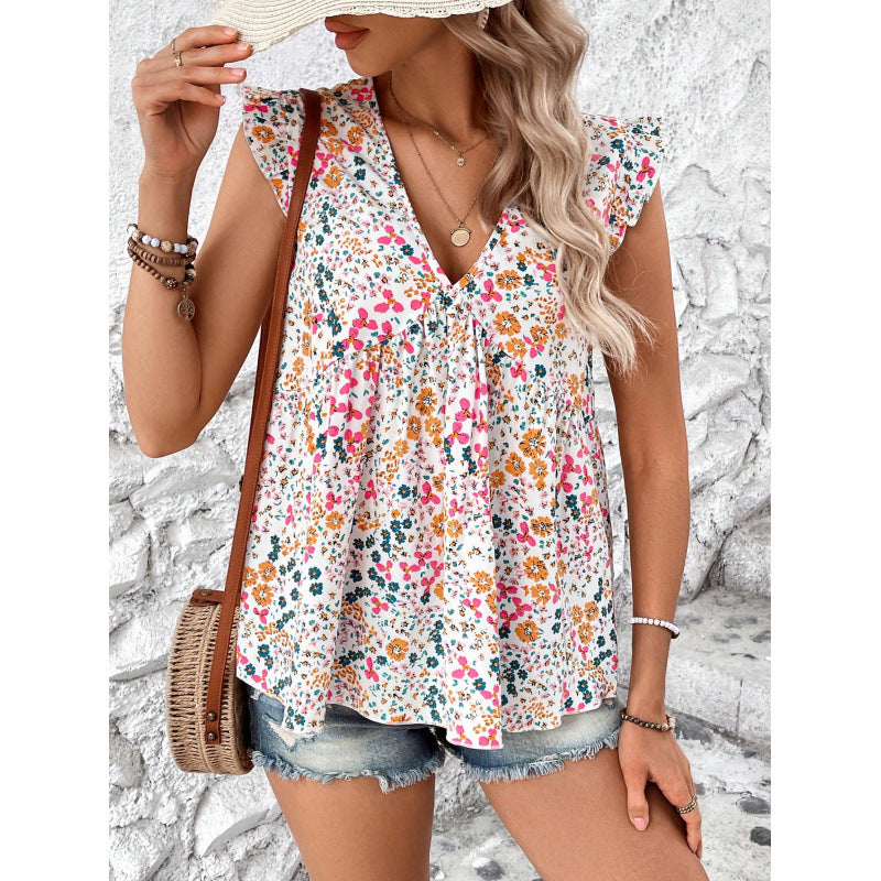 Dame bluse skjorte med blomsterdesign og V-hals Skjora