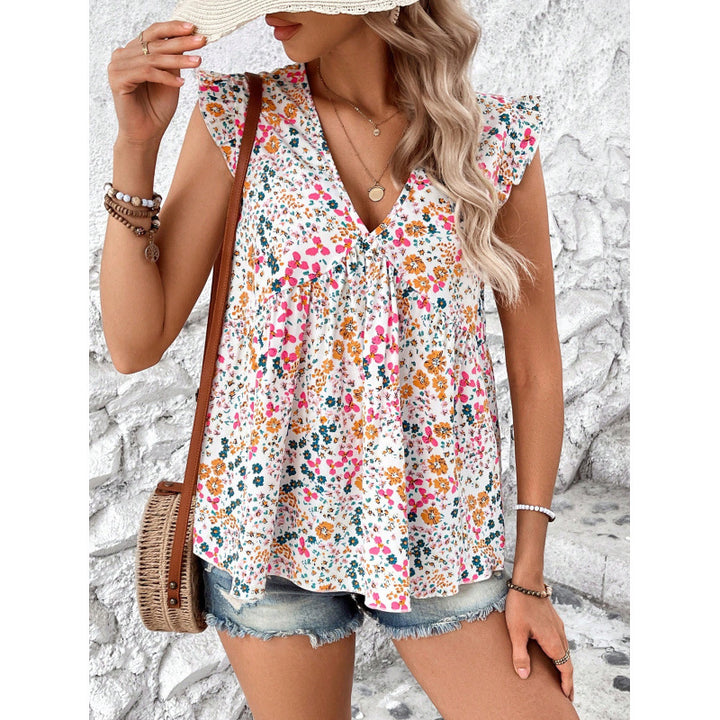 Dame bluse skjorte med blomsterdesign og V-hals Skjora