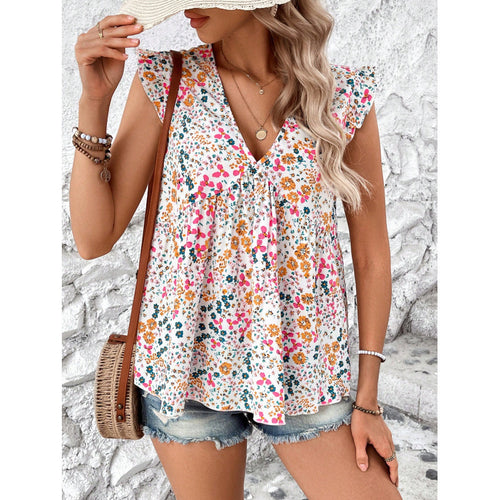 Dame bluse skjorte med blomsterdesign og V-hals Skjora