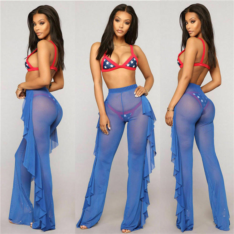 Damen transparente Strandhose mit asymmetrischem Rüschenbesatz Skjora