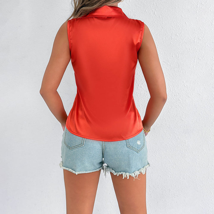 Dame Elegant Satengbluse med Krage Skjora