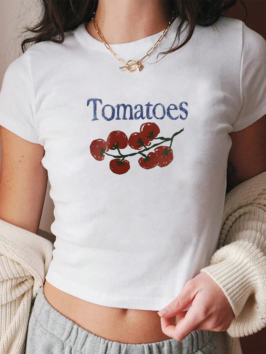 Dame Crop-T-skjorte med kreativt tomatmotiv Skjora