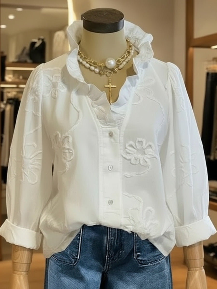 Dame elegant bluse med blomsterbroderier og voluminøse ermer Skjora