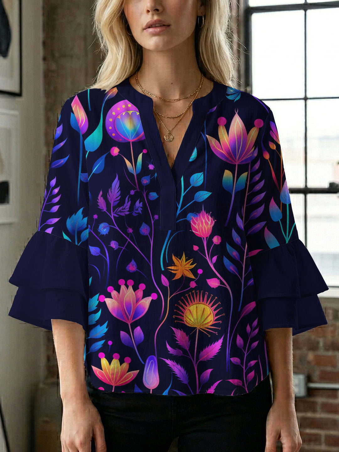 Dame bluse skjorte med voluminøse ermer og blomster mønster Skjora