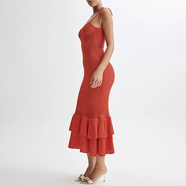 Damen Häkel-Maxikleid mit Volant und verstellbaren Trägern Skjora