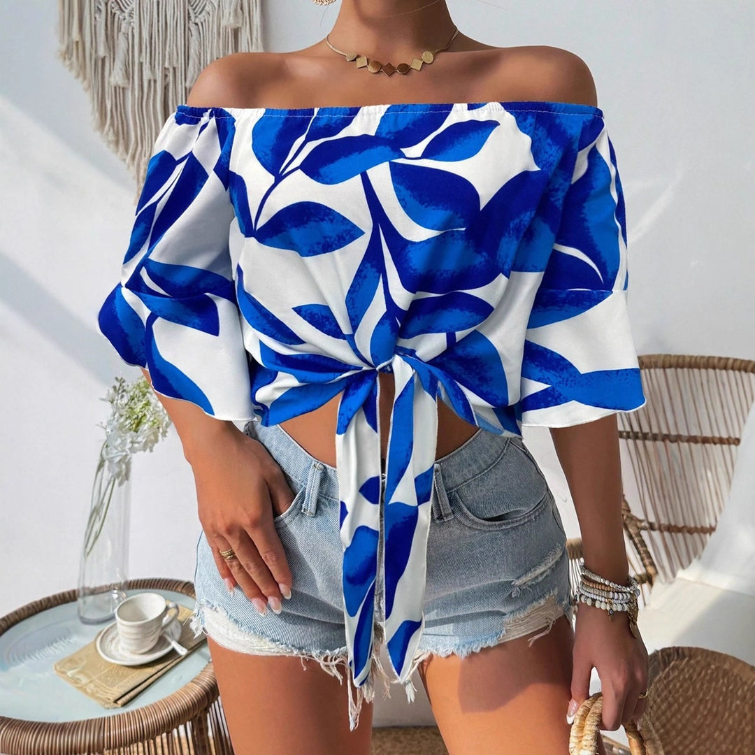 Dame Off-Shoulder Bluse med floralt mønster og justerbar knute Skjora