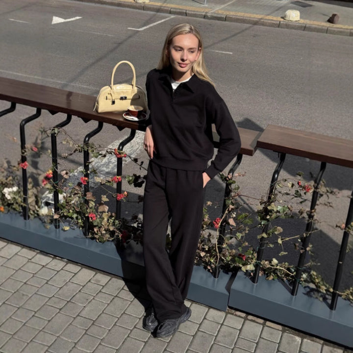 Dame sporty lounge-set med polo-krage og vide bein Skjora