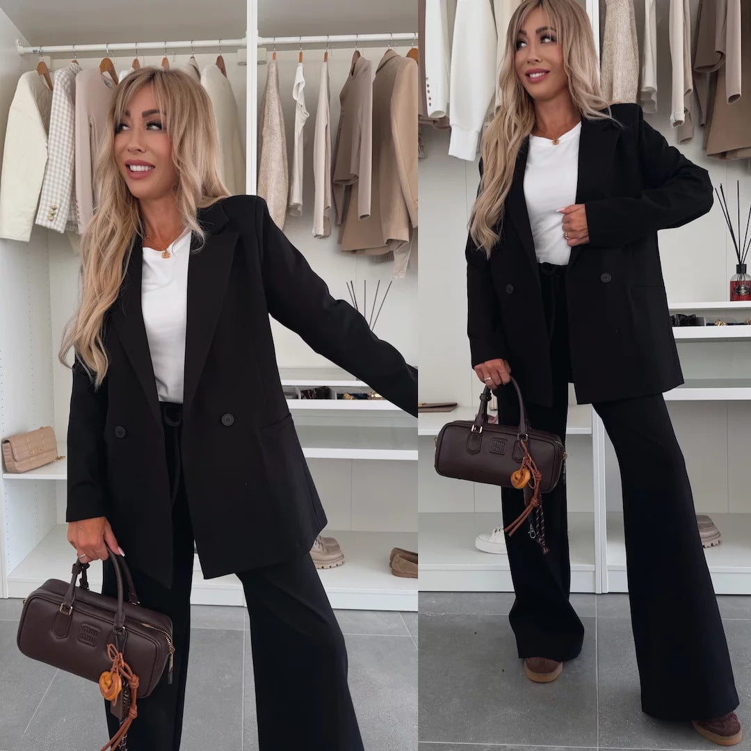 Kvinnelig elegant og casual buksedress med vid ben og blazer Skjora
