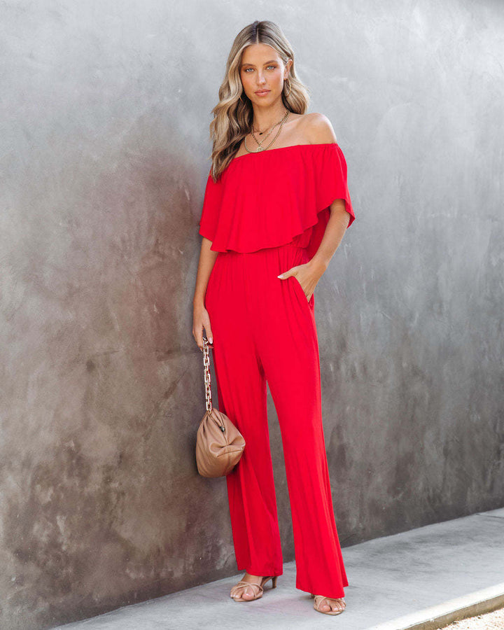 Dame Off-Shoulder Jumpsuit med vid ben og elastisk belte Skjora