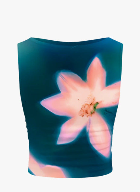 Dame ermeløs Crop-Top med blomstermotiv og tettsittende snitt Skjora