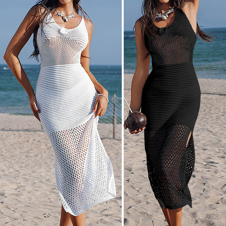 Damen Häkel-Strandkleid mit durchbrochenem Design und tiefem Schlitz Skjora