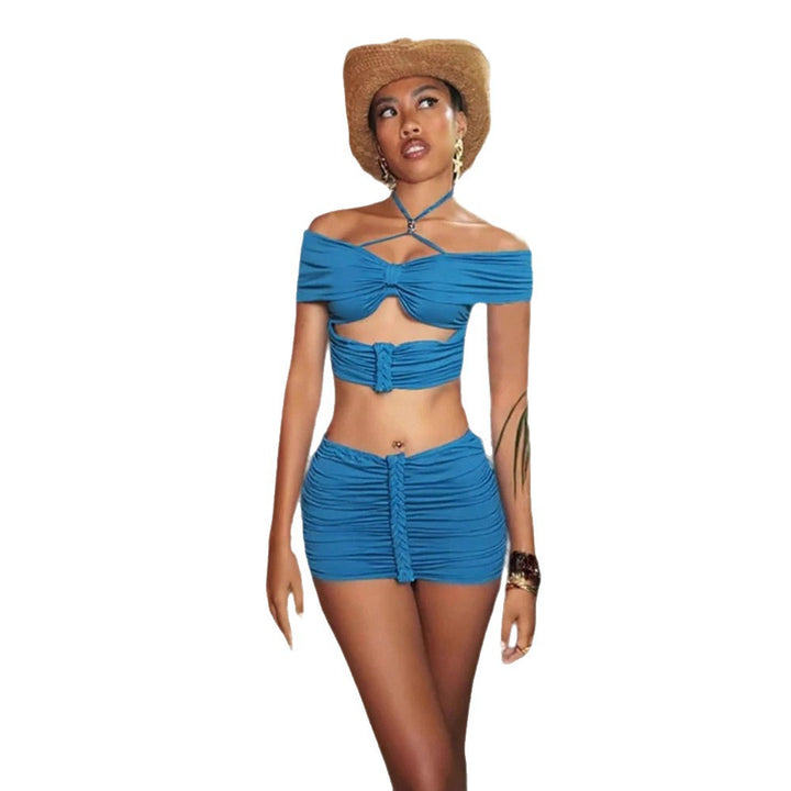 Kvinne Crop Top og Mini Skjørt Sett med Rynker og Av-Hyll Design