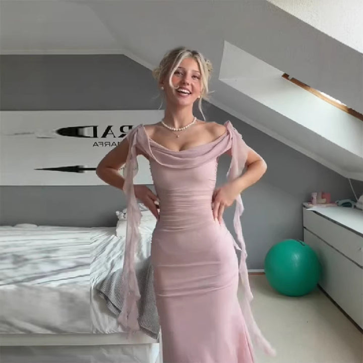 Dame Elegant Maxikjole med draperte ermer og kroppsvennlig snitt Skjora