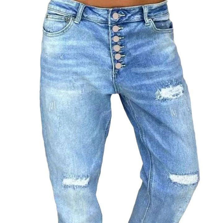 Kvinne Mom Jeans med knappelukking og stilige slitte detaljer