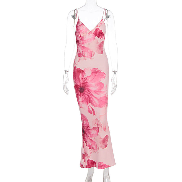Damen Elegant Blomster maxikjole med fine spaghetti stropper og figurtilpasset snitt Skjora