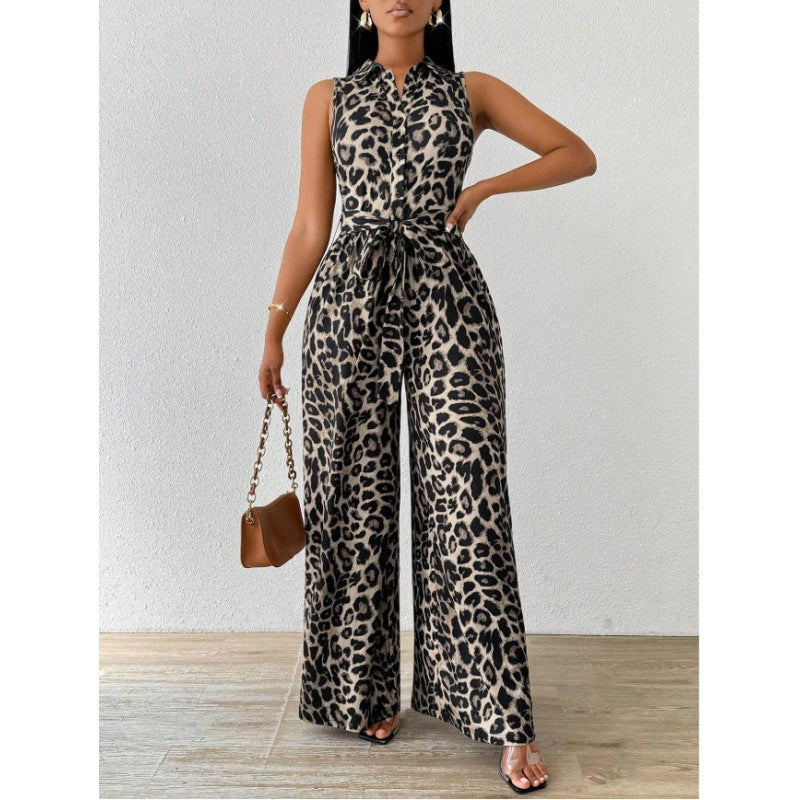 Dame Jumpsuit med leopardmønster og midjebeltet Skjora