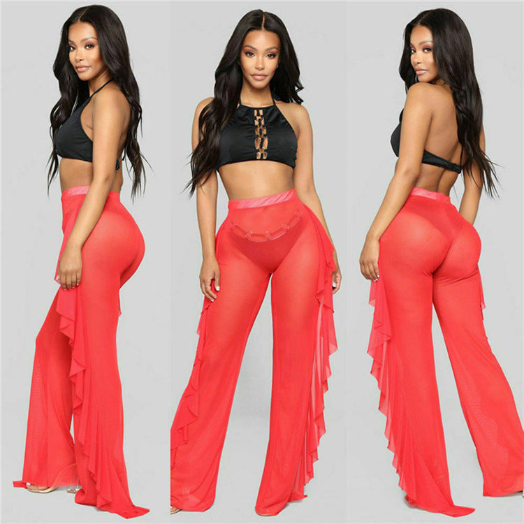 Damen transparente Strandhose mit asymmetrischem Rüschenbesatz Skjora