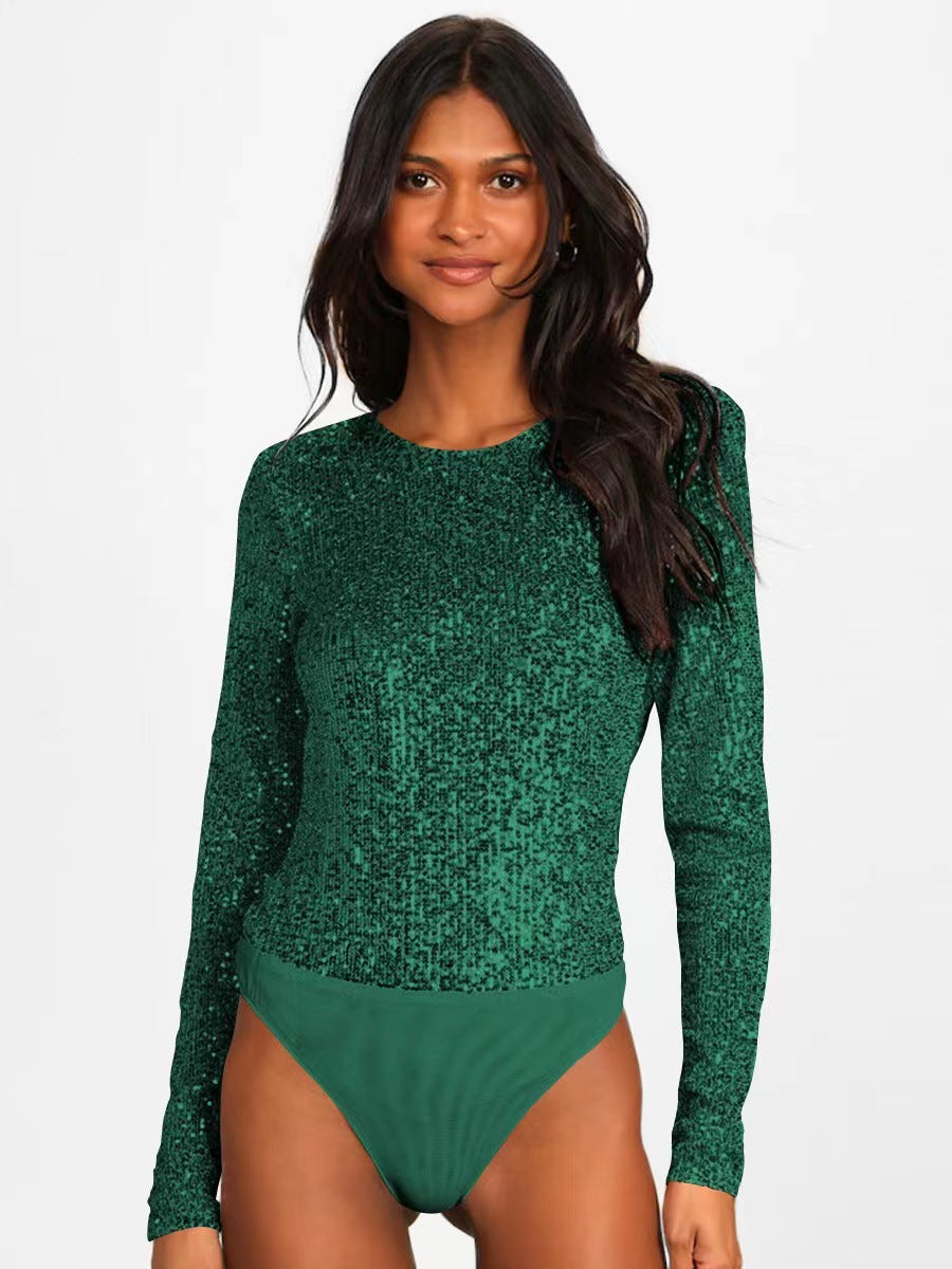 Damer Glitrende Bodysuit med Lange Ermer og Skinnende Topp Materiale Skjora