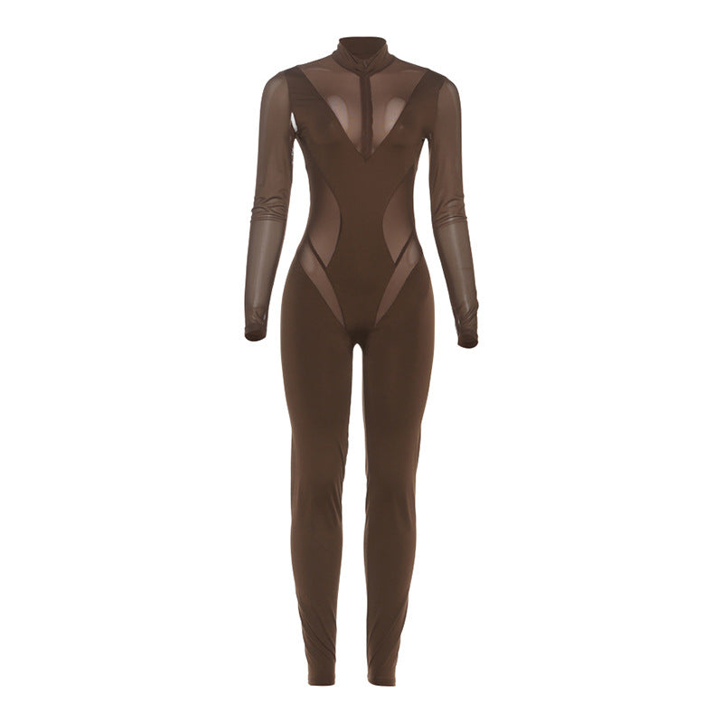 Dame Elegant Catsuit med gjennomsiktige innsatser og høy krage Skjora