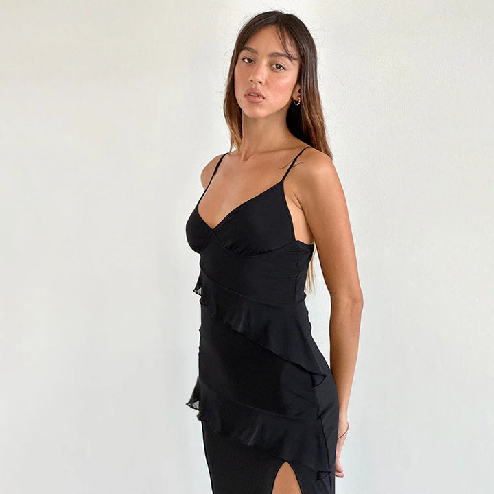Damer Elegant Maxi Kjole med Lekne Volangdetaljer og Dyp Splitt Skjora