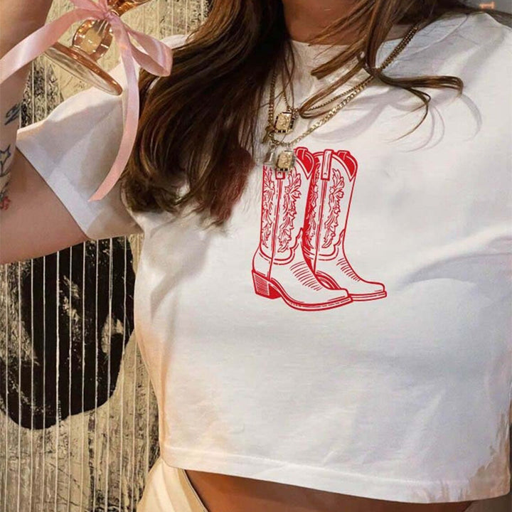 Dame ermeløs skjorte med nostalgisk cowboy-støvel-design Skjora
