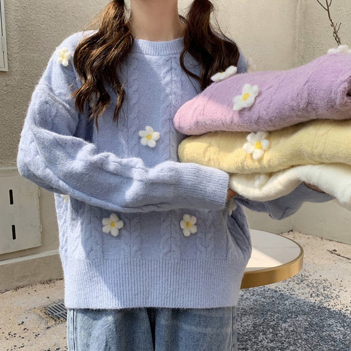 Damer Fashionable Chunky Knit Genser med Blomsterapplikasjoner Skjora