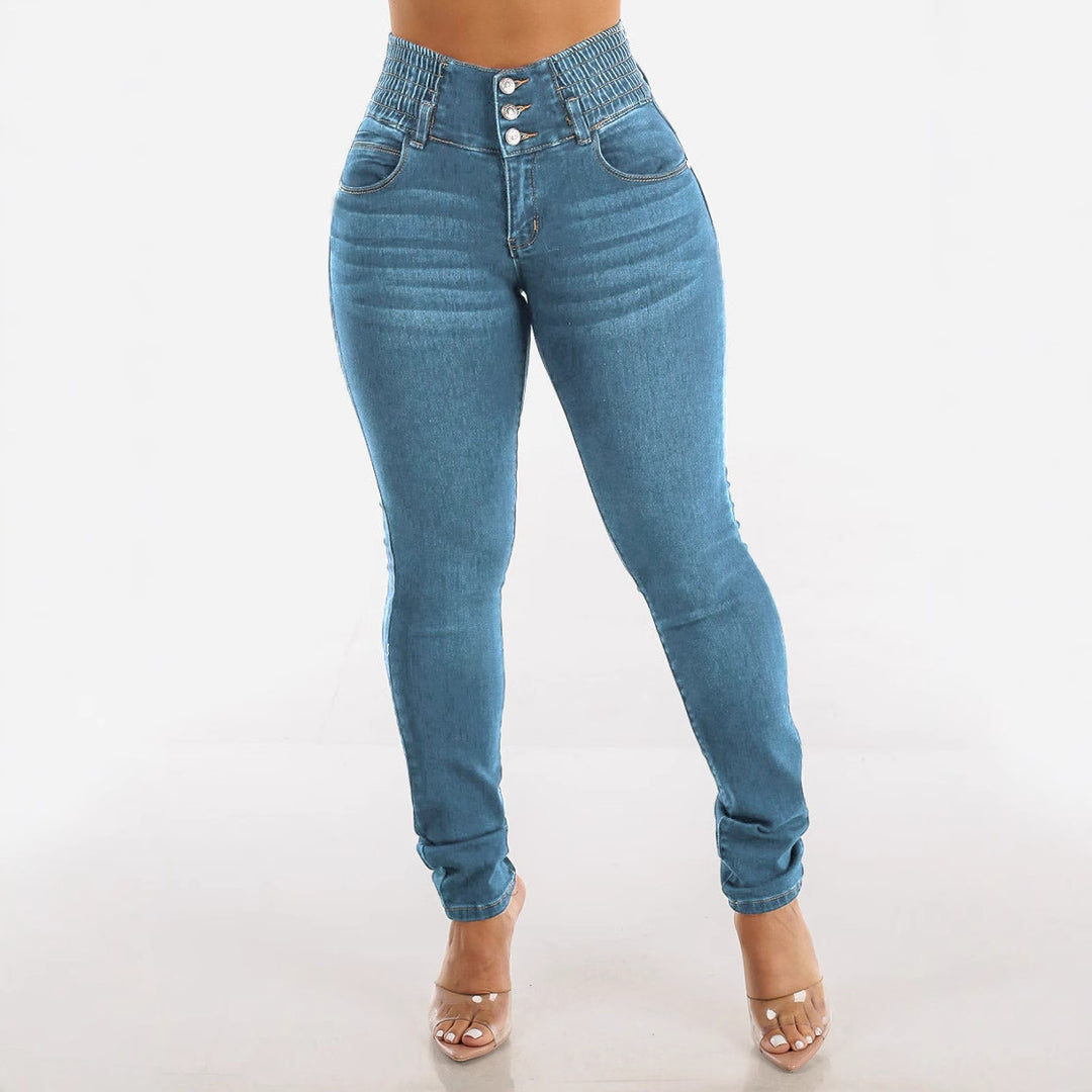 Damer High-Waisted Jeans med elastisk midjebånd og knappdetaljer Skjora