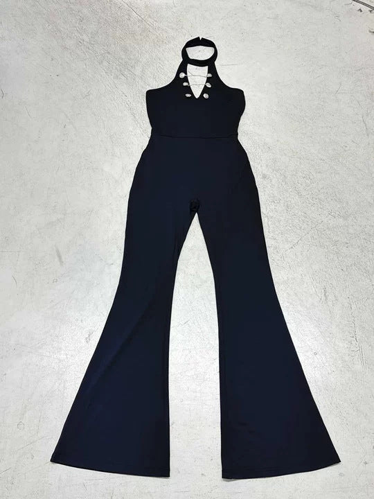 Damer Flytende Jumpsuit med høyt skjært utringning og dekorative knapper Skjora