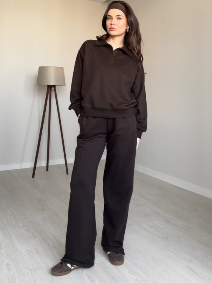 Dame sporty lounge-set med polo-krage og vide bein Skjora