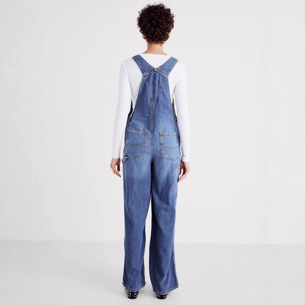 Dame Denim- jumpsuit med bred bein og justerbare stropper Skjora