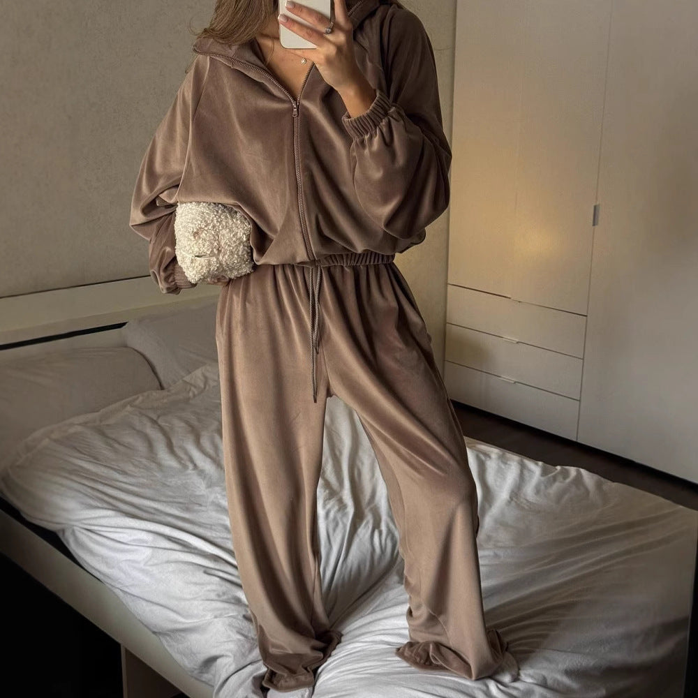 Kvinnes Fleece Lounge Wear Sett med Moderne Glidelås og Løs Passform Skjora