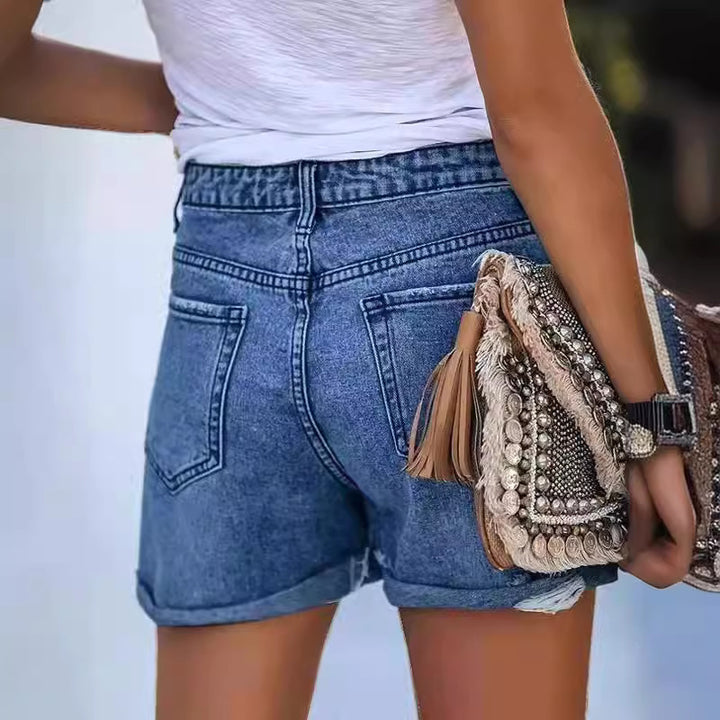 Dame Sommerlige Ødelagte Jeansshorts med opslået kant Skjora