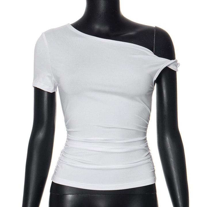 Dame skulderfri crop-top med rynker og stilige knuter Skjora