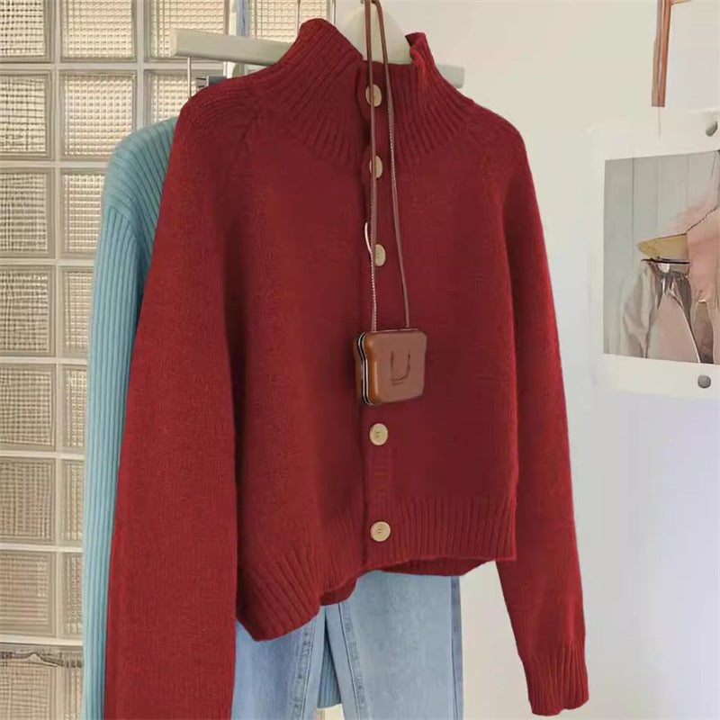 Dame cardigan med høy krave og store treknapper Skjora